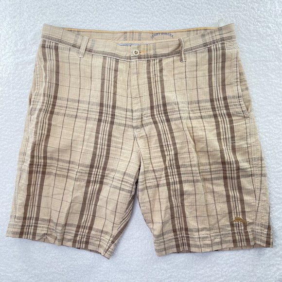 Tommy Bahama Shorts Mens 38 Tan Plaid Linen Cotton Blend Relax Flat Front - Picture 1 of 12